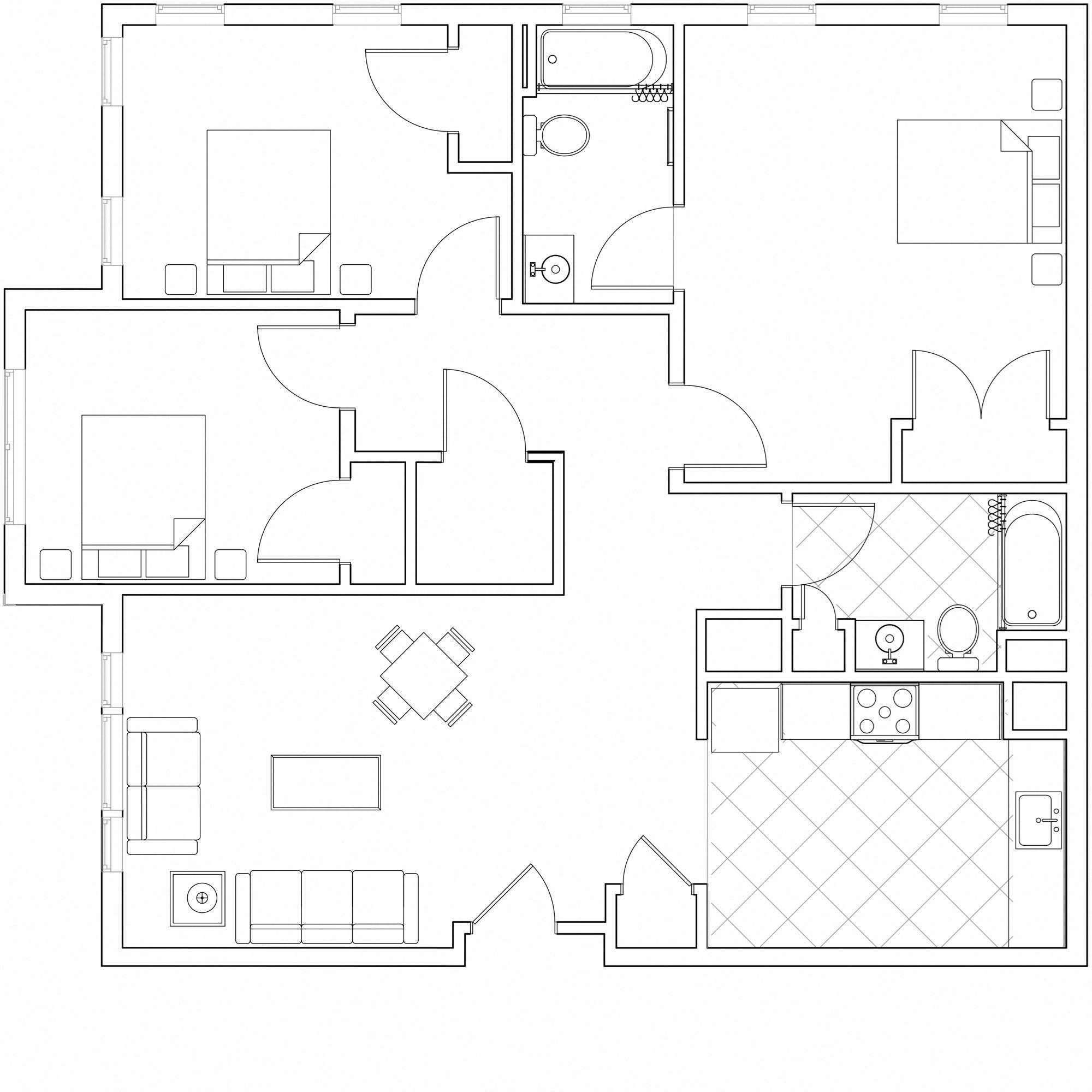 Three Bedroom / Type F1 Enter with kitchen on your right, living space and coat closet on your left. Straight ahead to full bath, closet, and bedrooms. Master has additional full bath.